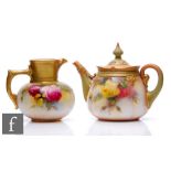 A late 19th Century Hadley's Worcester teapot decorated with hand painted yellow and crimson
