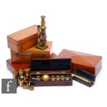 A Sikes Hydrometer in mahogany case, two small brass students microscopes, a mahogany boxed set of