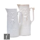 Two 19th Century stoneware jugs, each decorated with King Arthur to one side and Hector of Troy to