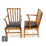 A set of six early 20th Century oak lath back elbow chairs, with black leather upholstered seats