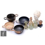 A collection of ancient and later Greek terracotta bowls, also Roman clear glass small vases and two