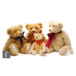 Four Steiff teddy bears, 038297 Old Gold, 407161 Teddy Bu 1925 Replica, 670985 Centenary Bear, and