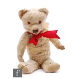 A 1940s Merrythought teddy bear, golden mohair, amber and black glass eyes, vertically stitched