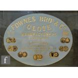 A 19th Century advertising sign for Fownes Bros & Co Glove Manufactures London, Manufactories,