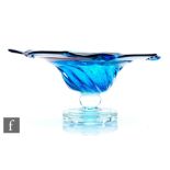 A large contemporary studio glass pedestal bowl, the upper bowl in blue, clear crystal and red