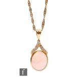 An 18ct opal and diamond pendant, collar set oval opal, length 18mm, below a ten stone diamond set