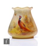 A small Royal Worcester posy vase, shape number G957, the tapered ovoid body with frill rim, hand