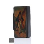 A 19th Century rectangular papier mache snuff box painted with a figure of a gentleman wearing a