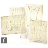 Four original Whitefriars master artwork designs in pen and ink on tracing paper and a workshop
