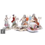 A collection of German porcelain, to include figures of musicians and a rustic male and female