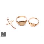 Two 9ct signet rings with a 9ct rose gold cross, total weight 7.3g, various dates and styles. (3)