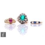 Three 9ct rings, a Welsh gold, a sapphire and opal and a paste set example, total weight 13.3g. (3)