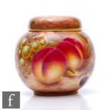 A hand painted Fallen Fruits jar and cover of ovoid form, decorated in the round by former Royal