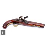 An early 19th Century flintlock pistol by Hickin, 19cm barrel, engraved brass furniture, lacking ram