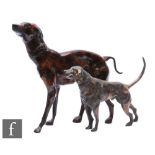 A late 20th Century bronze study of a standing lurcher or pointer, height 36cm, and a similar dog