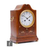 An Edwardian floral marquetry inlaid mantle clock, eight day striking movement, Arabic white