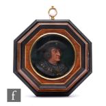 A replica coloured wax profile portrait of Sir Thomas More wearing the jewelled collar of The