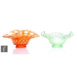 An early 20th Century Carnival glass open edge basket by Fenton, ice green ground, width 15cm,