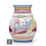 A contemporary Bizarre Craft pottery vase by Bizarre Girl Rene Dale, hand painted in the Pink Roof