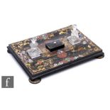 A 19th Century Japanned lacquered desk stand of dished rectangular form fitted with two glass ink