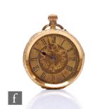 An early 20th Century 18ct open faced crown wind fob watch, Roman numerals to a gilt dial, case