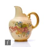A small Royal Worcester flat back jug, shape 1094, transfer printed and painted with wild flowers