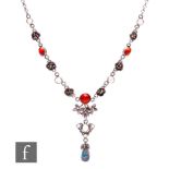 A silver Arts and Crafts style silver necklet detailed with opal, moonstone and amber, 40cm,