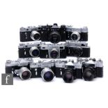 A collection of USSR 35mm range finder cameras to include: Zenit, Zenit-E, Zenit 3M, Zorki-4,Zorki-