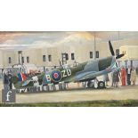 ROBERT ORMESHER (20TH CENTURY) - Super Marine Spitfire MK 1 MH434 with onlookers and Shell bowser,