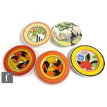 A group of contemporary Bizarre Craft pottery plates by Bizarre Girl Rene Dale, hand painted in