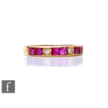 An 18ct hallmarked ruby and diamond half eternity ring, three pairs of square cut rubies spaced by