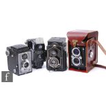 A collection of TLR cameras, to include a Coronet Dynamic 12, a Ikoflex Zeiss Ikon f/8, an Ilford