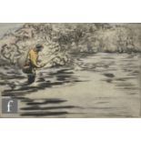 HENRY WILKINSON (1929-2011) - An angler bringing a fish to the net, hand coloured etching, signed in