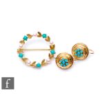 A 9ct circular turquoise and seed pearl brooch with a pair of 9ct turquoise earrings, total weight