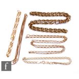 Three 9ct chains to include a box and rope example, with two 9ct bracelets, total weight 29.7g,
