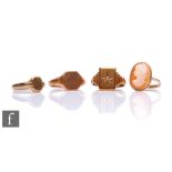 Three assorted 9ct hallmarked signet rings, total weight 14g, with a 9ct cameo ring, weight 2.8g,