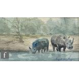 INGRID VAN ROOYEN (SOUTH AFRICAN, CONTEMPORARY) - Rhinos at a watering hole, watercolour, signed,