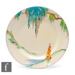 A large Clarice Cliff circular plate circa 1935, transfer printed and painted in the Sunny Brook