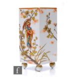 A 19th Century French opal glass vase of square section, raised on four ball feet, gilt and enamel