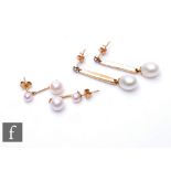 A pair of 9ct hallmarked cultured pearl and diamond drop earrings, length of drop 3.5cm, with a