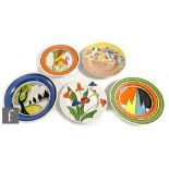 A group of contemporary Bizarre Craft pottery plates by Bizarre Girl Rene Dale, hand painted in