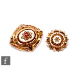 Two 19th Century 9ct stone set brooches, one oval, the other circular, total weight 17.5g, length