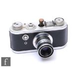 A Corfield Periflex I 35mm rangefinder camera, chrome, fitted with Lumar X 3.5 50mm lens.