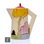 An original Clarice Cliff Conical coffee pot, later hand painted by Bizarre Girl Rene Dale in a