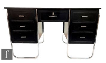 PEL (Practical Equipment Ltd) - A 1930s Art Deco desk, the black laquered frame with twin banks of