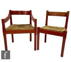 Vico Magistretti - Cassina - A set of six Carimate chairs with red stained beech frames and woven