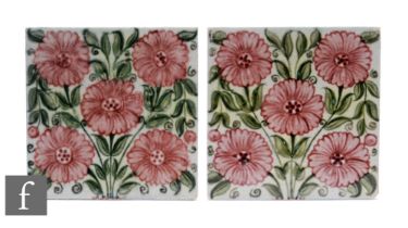 William De Morgan - A pair of Sands End Pottery 6 inch plastic clay tiles circa 1888, decorated in