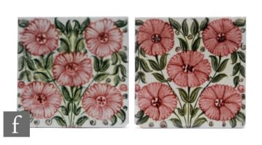 William De Morgan - A pair of Sands End Pottery 6 inch plastic clay tiles circa 1888, decorated in