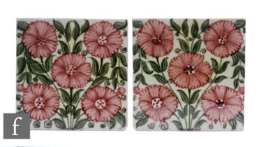 William De Morgan - A pair of Sands End Pottery 6 inch plastic clay tiles circa 1888, decorated in