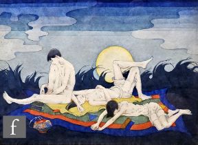 Albert Wainwright (1898-1943) - Three figures reclining on a geometric rug, watercolour and